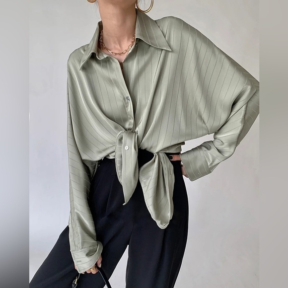 Commense Tops - Commense Oversized Button Up Pinstriped Satin Collared Shirt